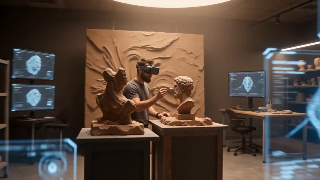 Un escultor con visor trabajando un busto de arcilla en un taller cálido.